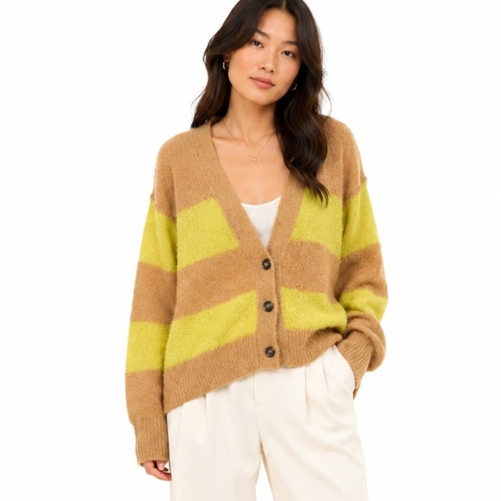 By Together | Striped Alpaca Blend Cardigan Tan Lime Green Oversized | M/L